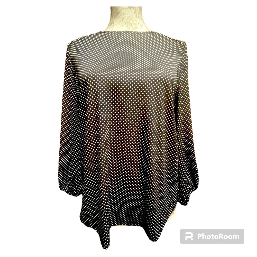 Adrianna Papell Polka Dot Blouse Black & White Long Sleeve Size Small